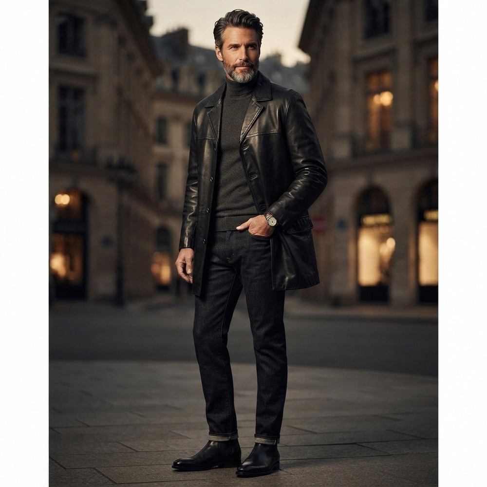 Albert Nipon City Vintage Leather Car Coat Black 46L